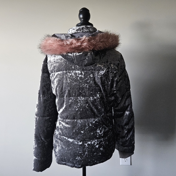 Ci Sono Velvet Gray Winter Jacket with Pink Faux Fur Collar - Picture 3 of 7